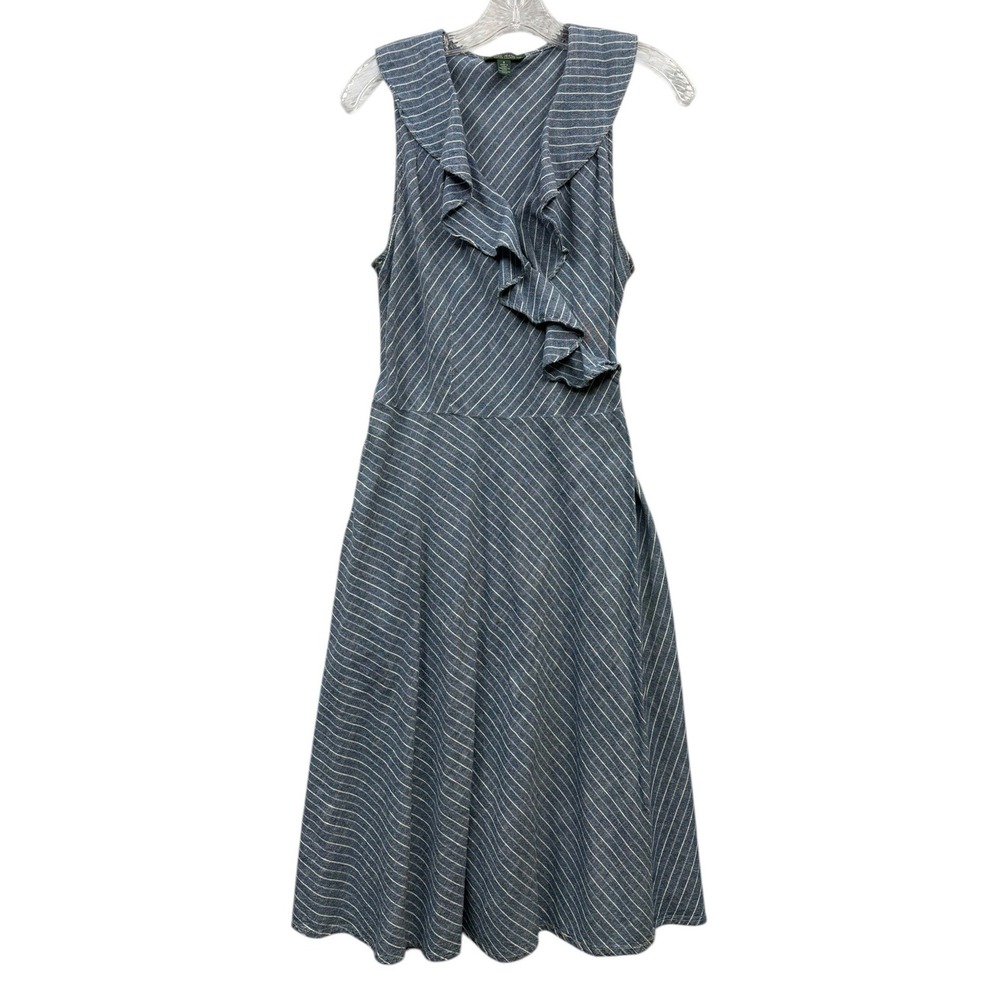 Lauren Ralph Lauren Striped Ruffle Sleeveless Midi Wrap Dress Preppy Cotton 8